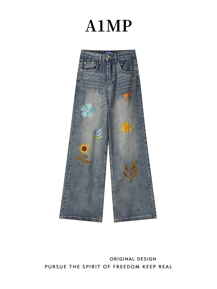 A1MP美式复古花卉刺绣水洗直筒牛仔裤男女款宽松阔腿情侣百搭长裤