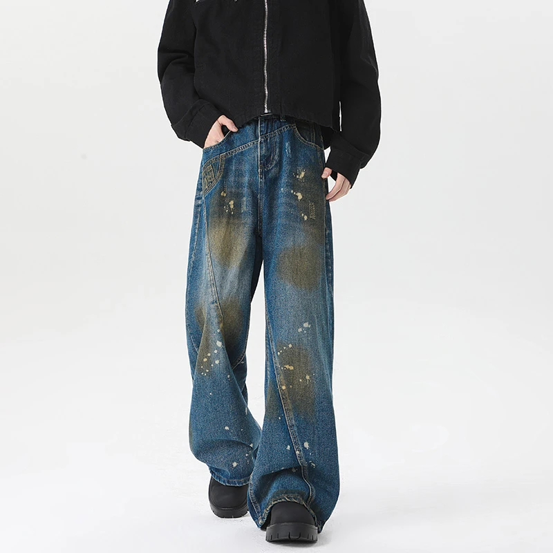 A1MP小众男女款重磅做旧泼墨解构拼接牛仔裤高街痞帅阔腿直筒长裤