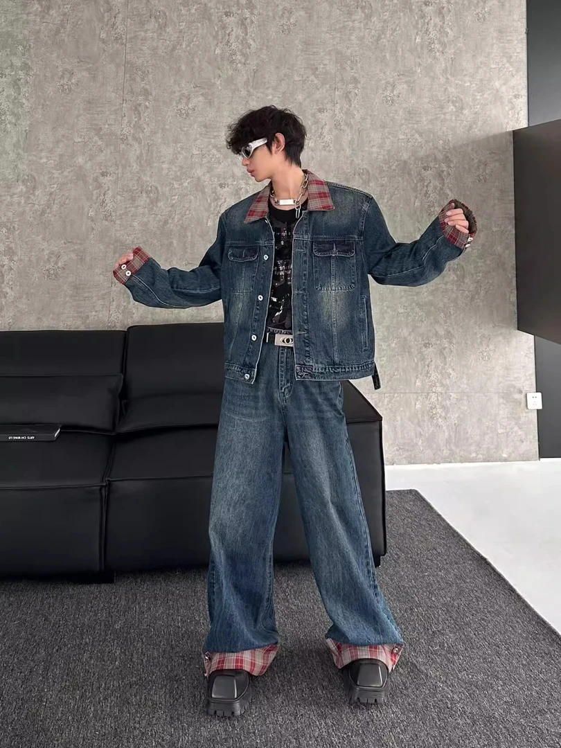 A1MP美式复古卷边撞格小众牛仔外套男女高街宽松百搭设计感夹克潮