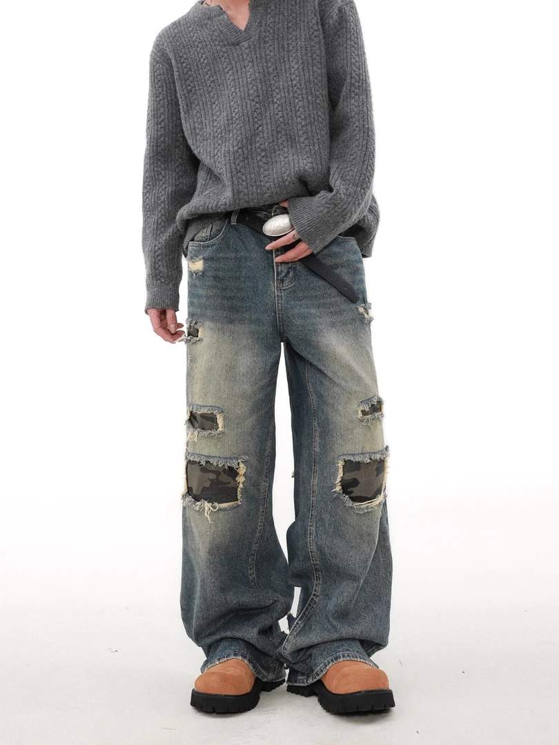 A1MP美式街头做旧迷彩贴布牛仔裤阔腿男女复古宽松破坏痞帅裤子潮