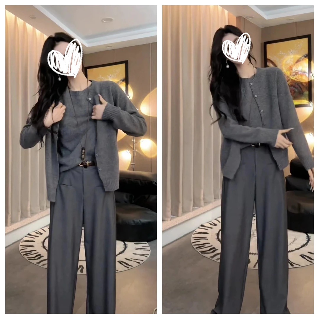 2024秋季新简约百搭无袖上衣+针织开衫外套+高腰休闲时尚西装裤