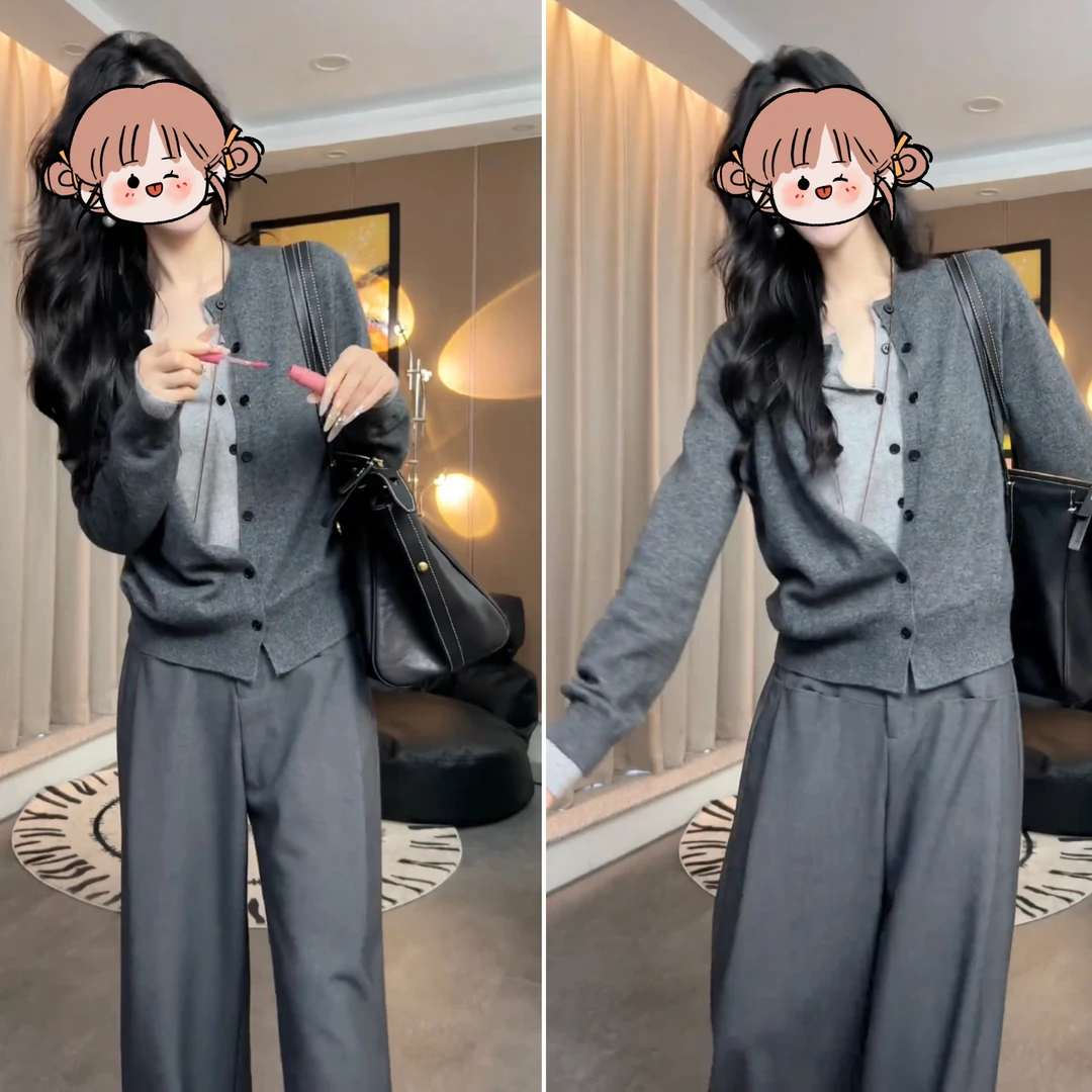 2024秋季新款时尚慵懒显瘦假两件拼接针织开衫+休闲时尚西装裤