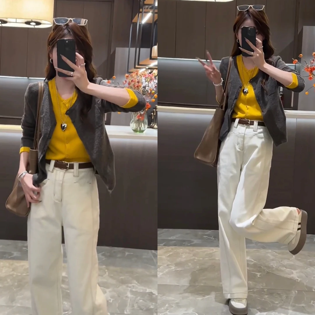 2024秋季新款时尚慵懒复古拼接假两件针织开衫+显瘦牛仔裤套装