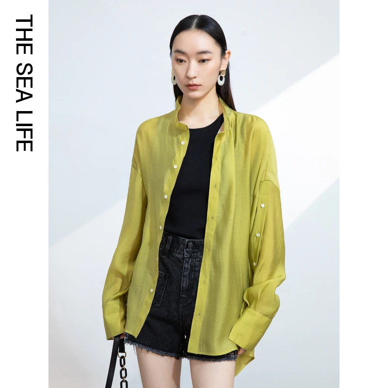 欧海一生春季天丝衬衫女透气立领斜排扣设计11107