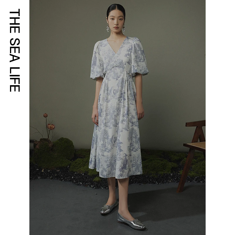欧海一生连衣裙碎花显瘦气质长裙夏季复古法式收腰泡泡袖v领11910