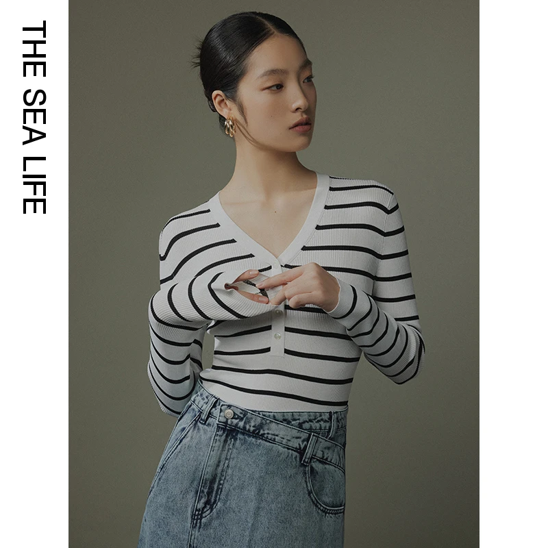 欧海一生开衫针织短款针织衫打底修身条纹春夏百搭复古拼接色2136