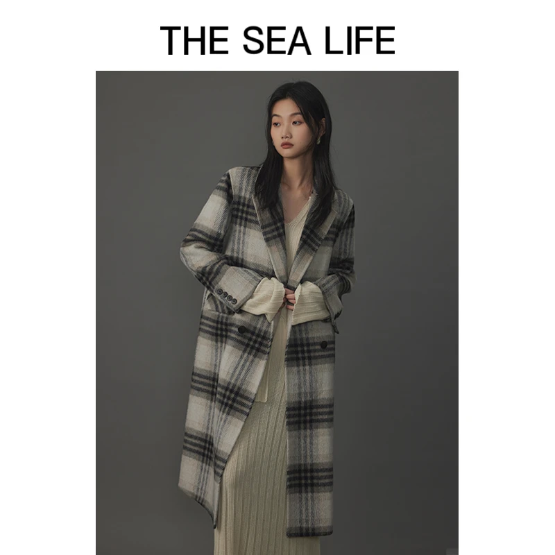 THESEALIFE欧海一生复古格纹呢子大衣女2023年冬设计W13713-1