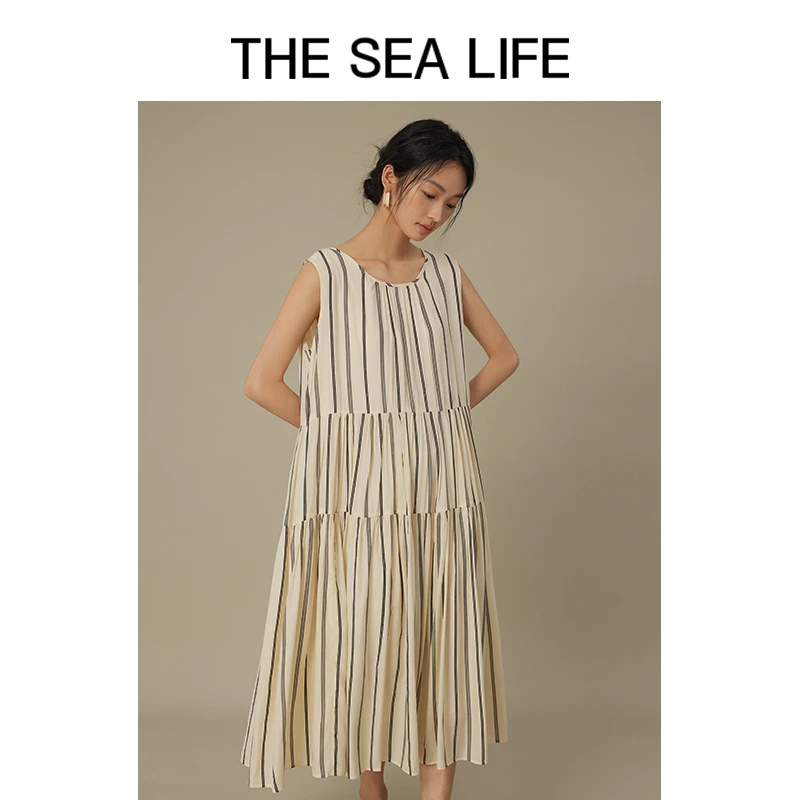 THESEALIFE欧海一生优雅无袖连衣裙2024夏季新款米杏色长裙160097