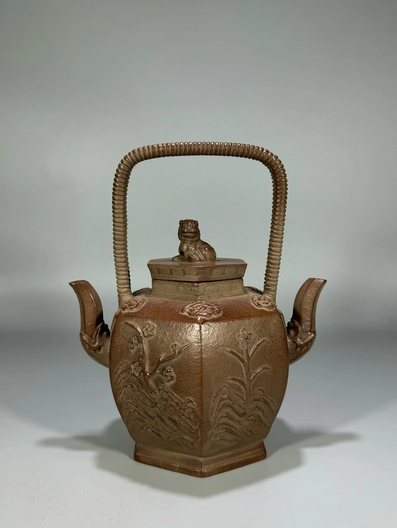 双龙头印花「梅兰竹菊」提梁壶 落款「元茂」容量约600cc