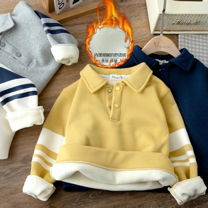 男童polo衫2023新款儿童韩版装秋冬季加绒翻领中大童保暖打底衫潮