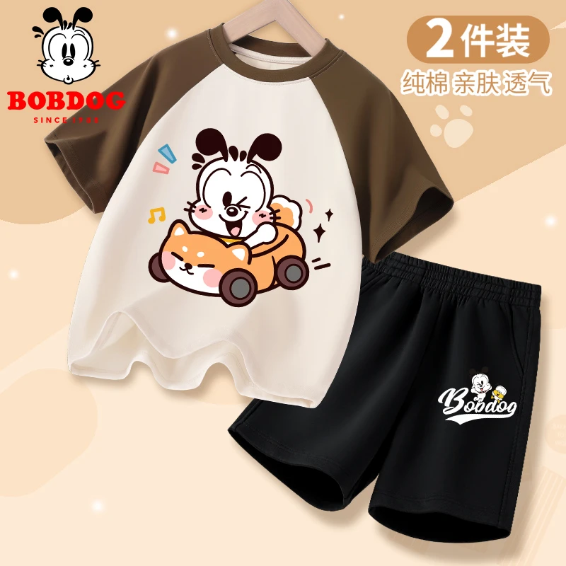 巴布豆卡乐男童撞色t恤套装2025新款儿童纯棉短袖运动装潮款童装