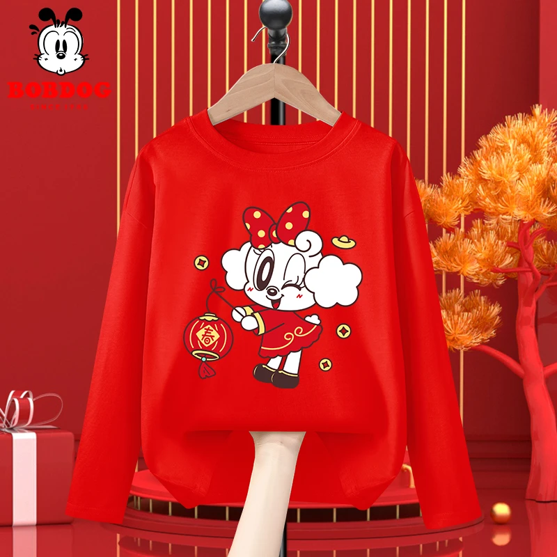 巴布豆卡乐儿童纯棉长袖t恤男童新年喜庆红色打底衫女童潮款衣服