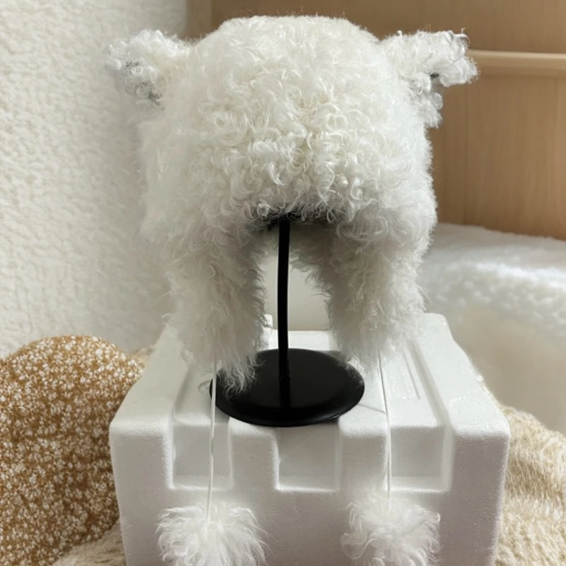 冬季保暖可爱小羊角造型羊毛皮毛一体自然卷护耳帽