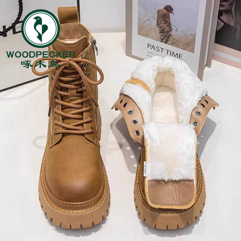 啄木鸟雪地靴2024冬季新款加绒保暖马丁靴短靴防水东北棉鞋大黄靴