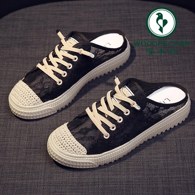 啄木鸟小众包头半拖鞋女2025新款夏季薄款网纱半托女鞋平底渔夫鞋