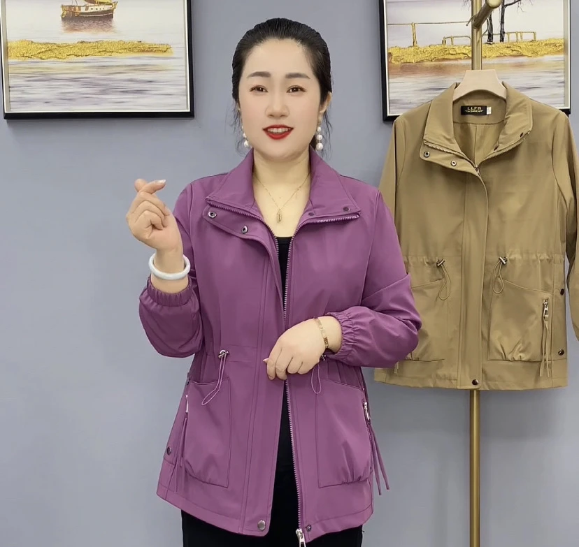 春秋季新款休闲时尚洋气宽松显瘦百搭方领妈妈装大口袋外套503