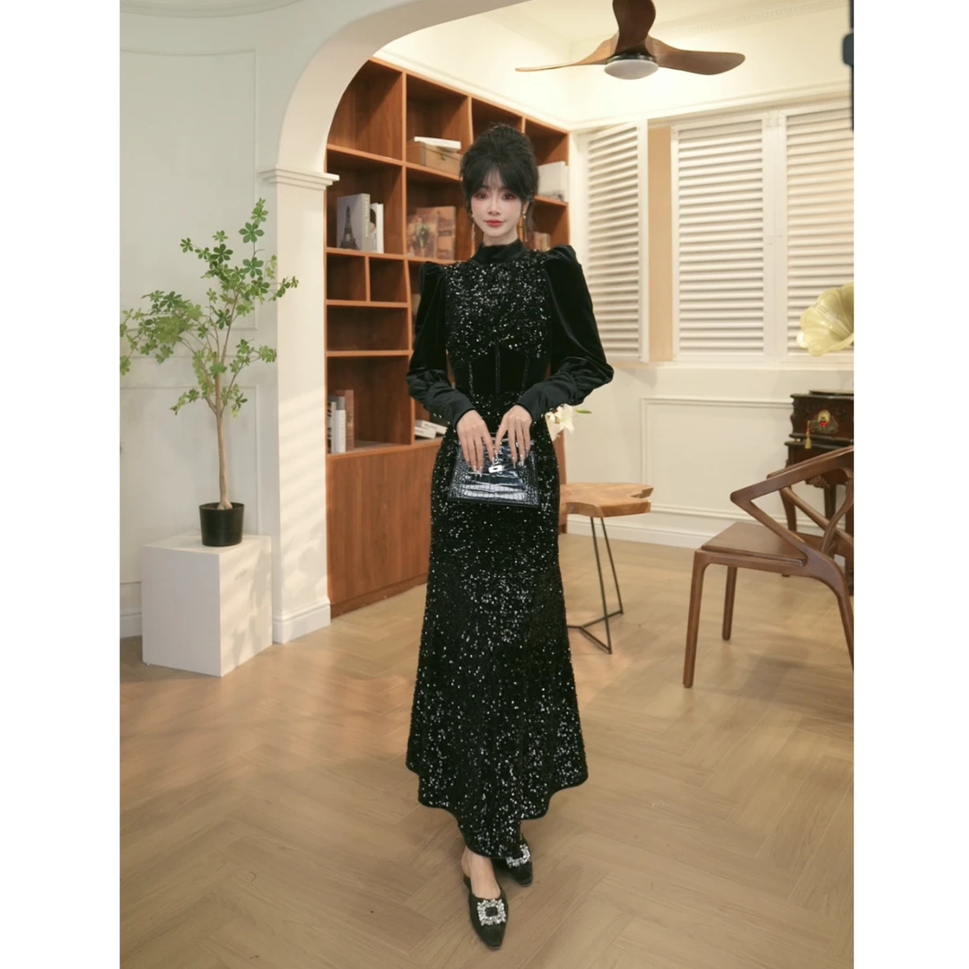 【JANE·简】2024秋冬新款修身绣花扣针显瘦烫金连衣裙15244