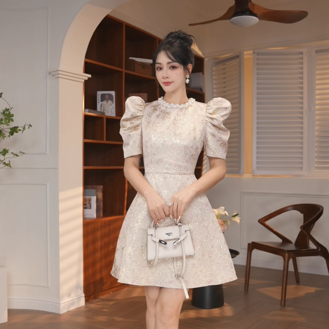 【JANE·简】2024夏季女蝴蝶结名媛公主风泡泡袖方领收腰连衣裙80167