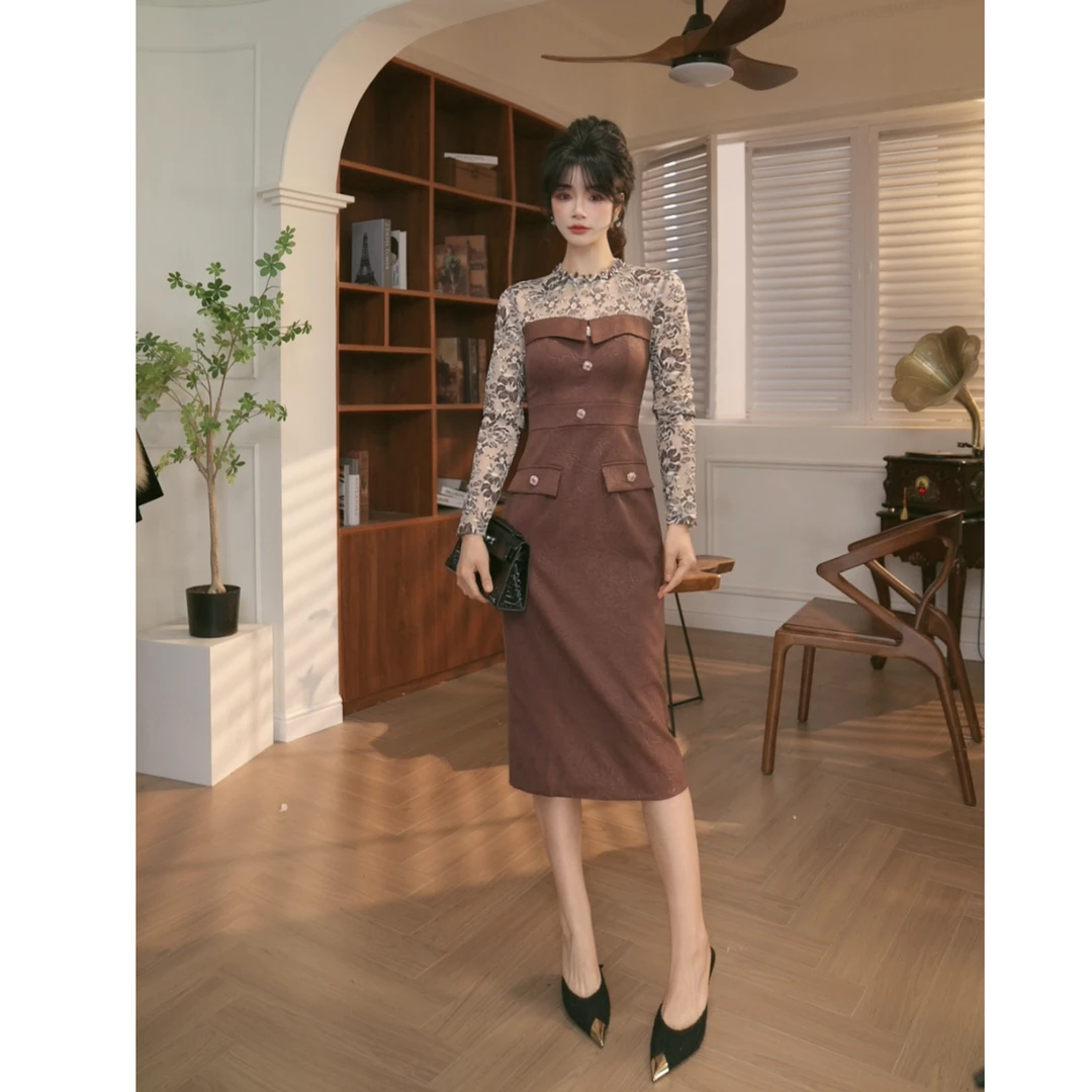 【JANE·简】2024秋装新款女装轻熟风气质V领收腰连衣裙21482