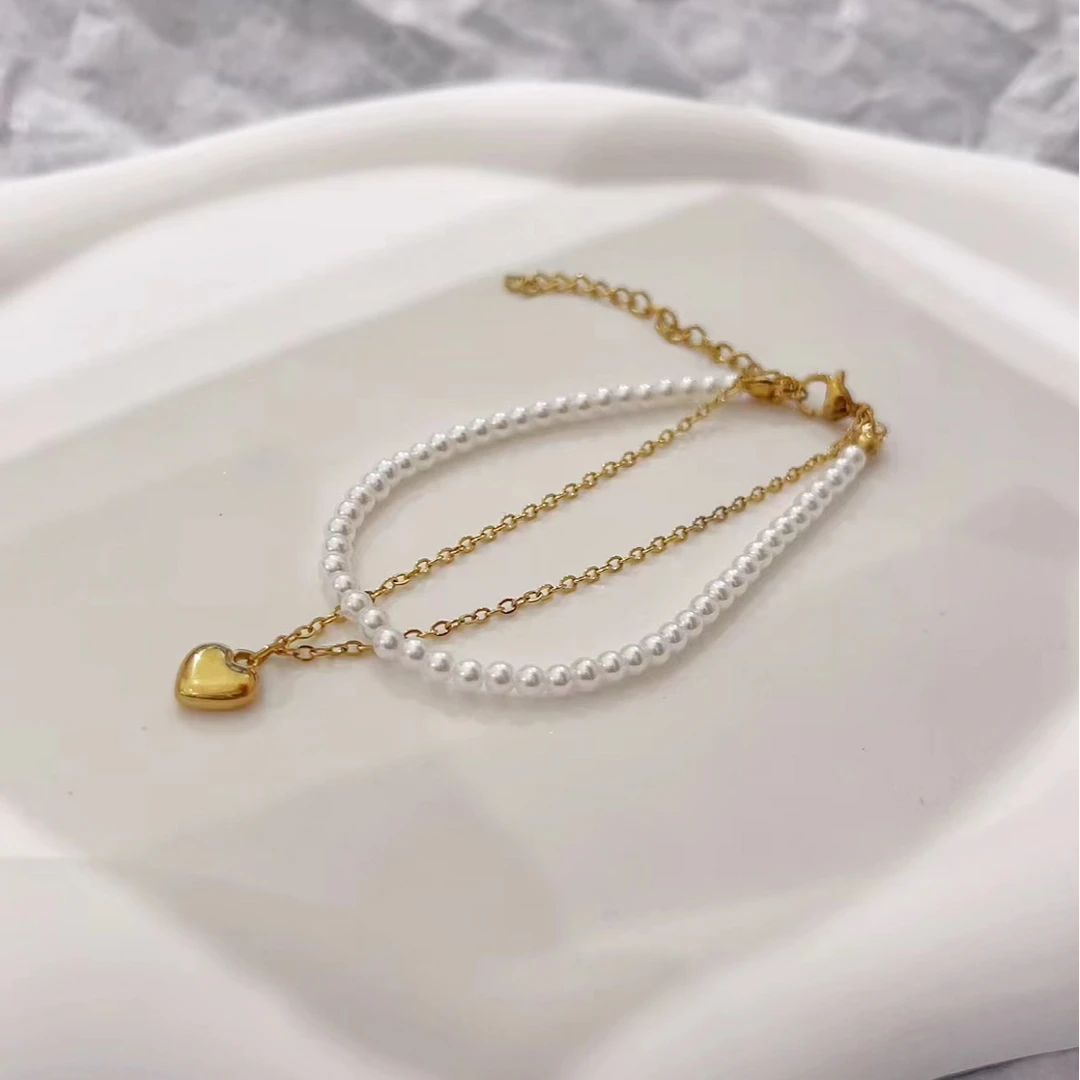 钛钢仿珍珠手链 【Kiss娜】钛钢2176时尚双层贝珠桃心手链