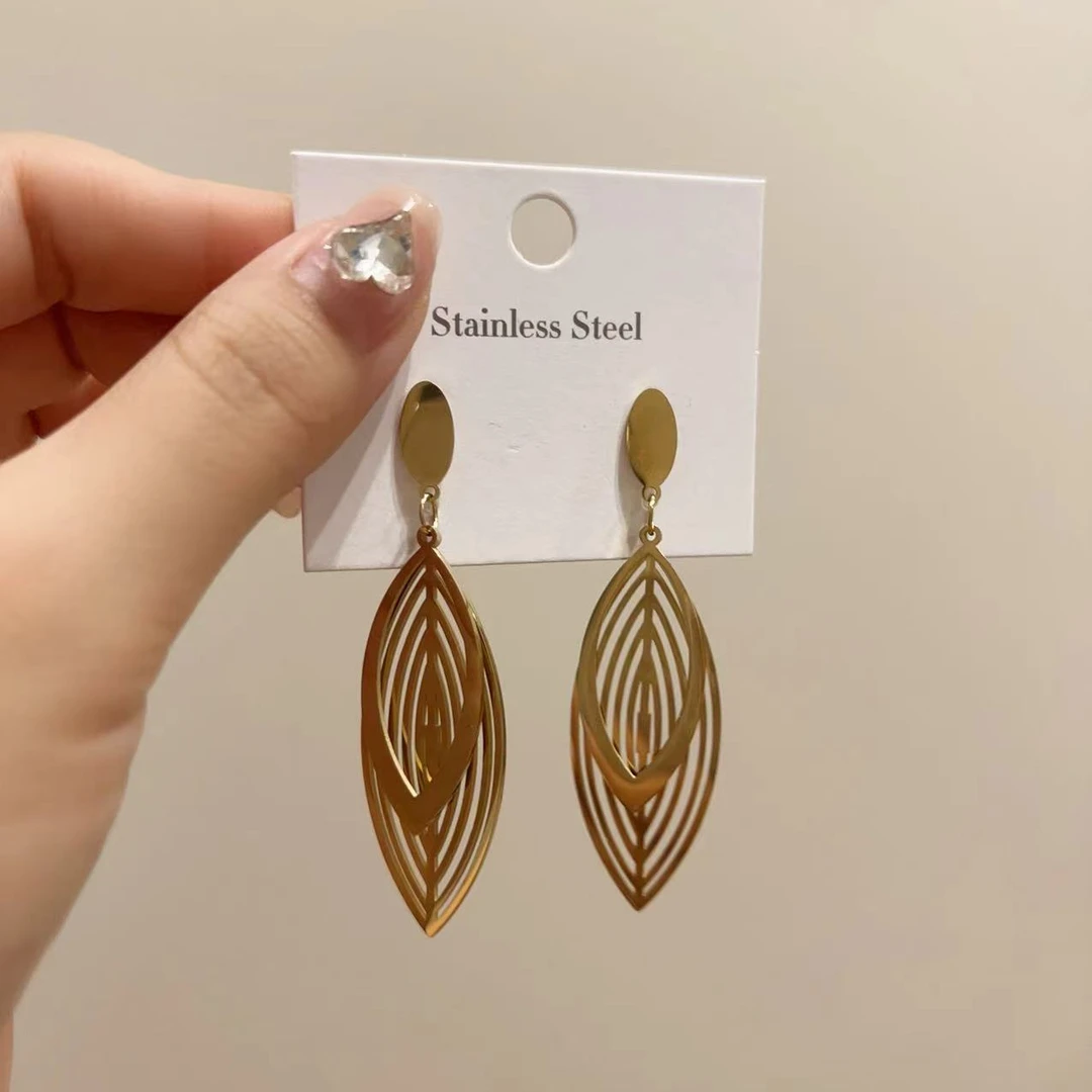 钛钢耳饰 【Kiss娜】钛钢1662时尚流苏叶子耳环