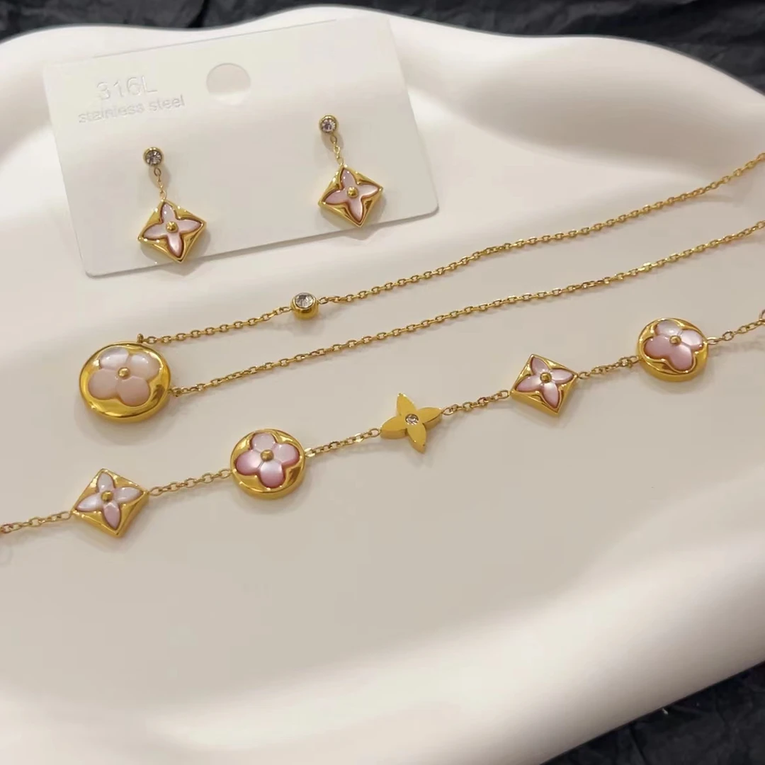 钛钢玻璃耳饰 【Kiss娜】钛钢0189轻奢高定粉色花朵耳环项链手链