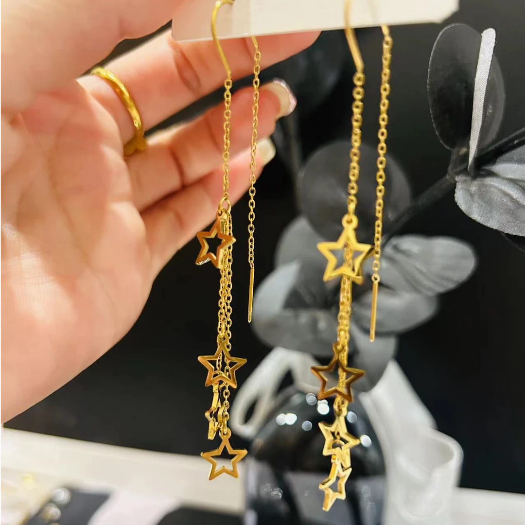 钛钢耳饰 【Kiss娜】钛钢1191时尚气质星星流苏耳环