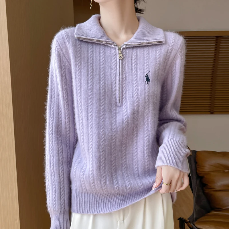 半开拉链加厚100%羊毛衫女刺绣马软糯立领毛衣合体羊毛上衣
