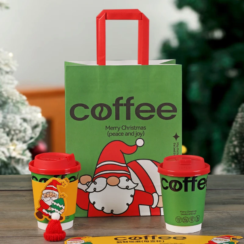 网红圣诞节咖啡杯子一次性奶茶纸杯热饮外带带盖商用批发定制logo