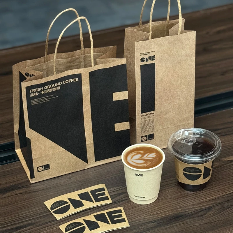 【one】咖啡手提袋牛皮纸袋单双杯奶茶店外卖打包袋定制印刷logo