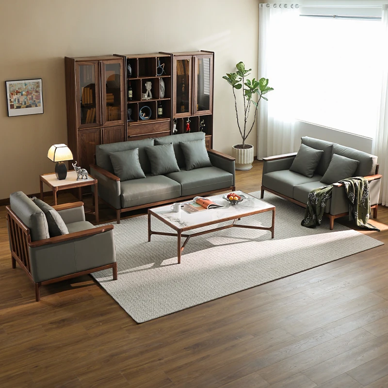 苏作集北美黑胡桃木实木沙发意式设计师款真皮沙发组合家用简约