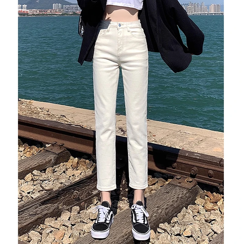 新款弹力米白色烟管牛仔裤女2024年春秋高腰显瘦杏色直筒法棍裤子