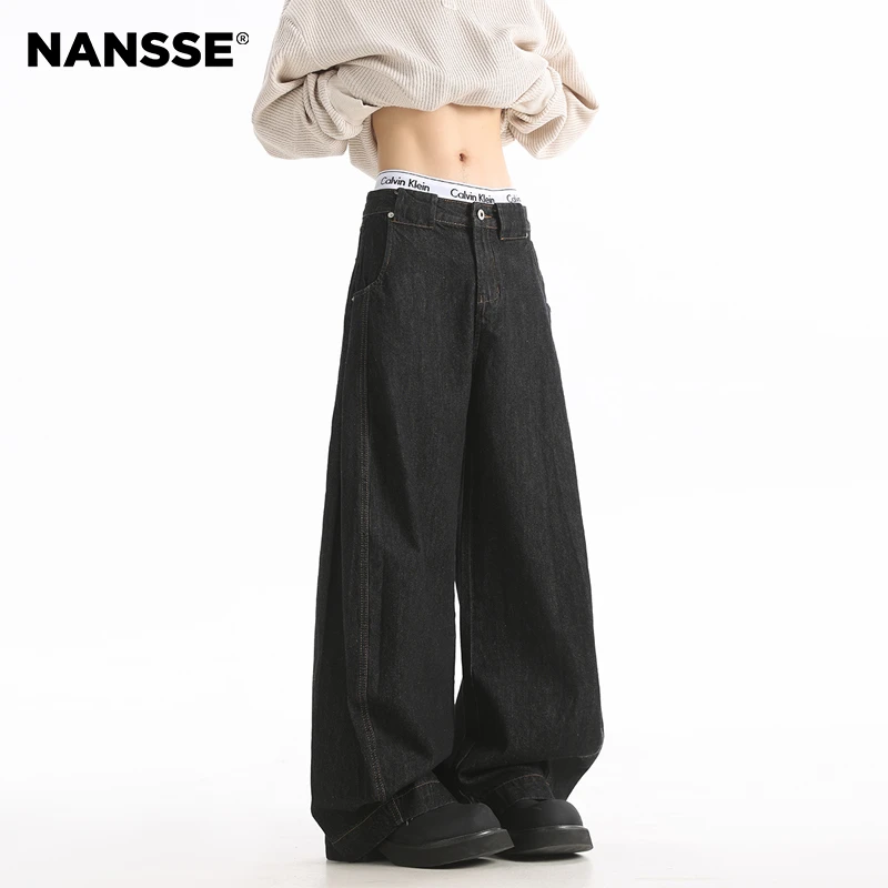 美式复古水洗丹宁黑弯刀牛仔裤男秋季潮牌宽松cleanfit直筒阔腿裤