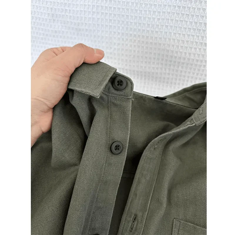 军绿色工装长袖衬衫男高级感痞帅宽松翻领上衣潮牌可外穿衬衣外套