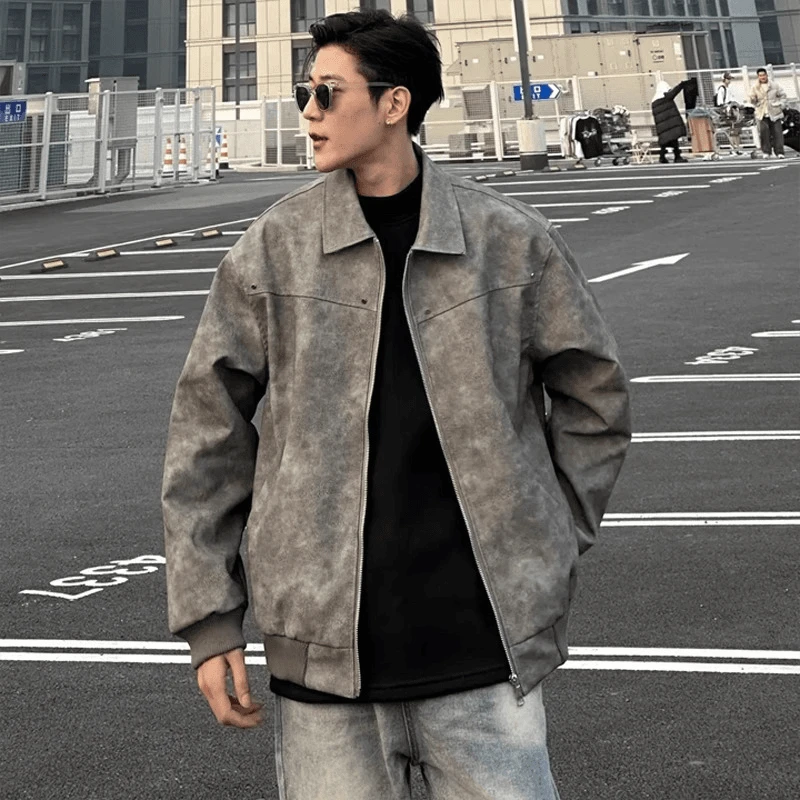 铆钉短款皮衣外套男款美式痞帅高级感机车夹克cleanfit工装棒球服