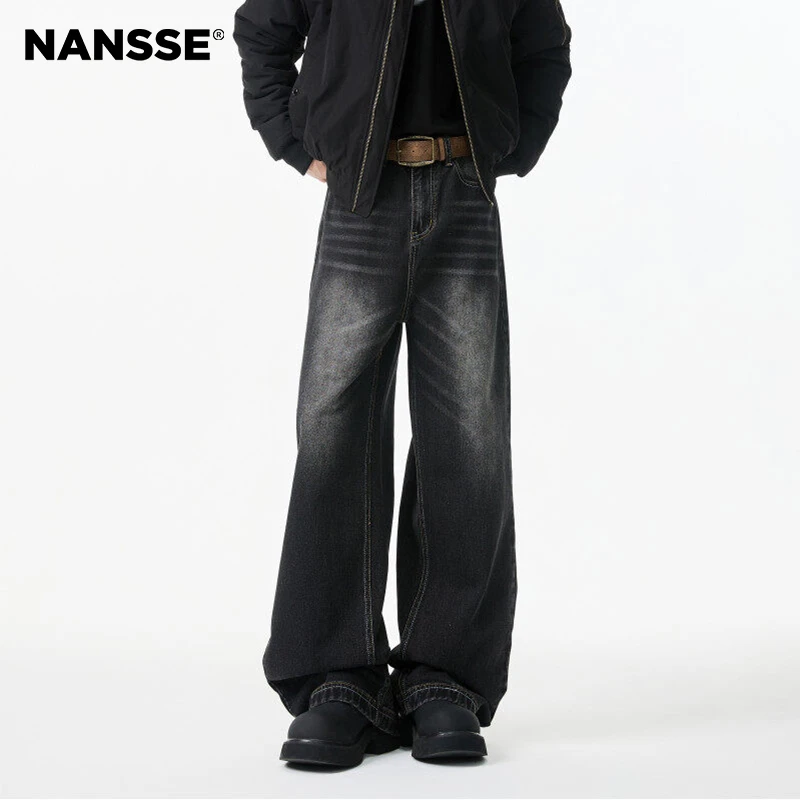 牛仔裤男士2025春季新款美式高街水洗痞帅大码宽松直筒阔腿长裤子