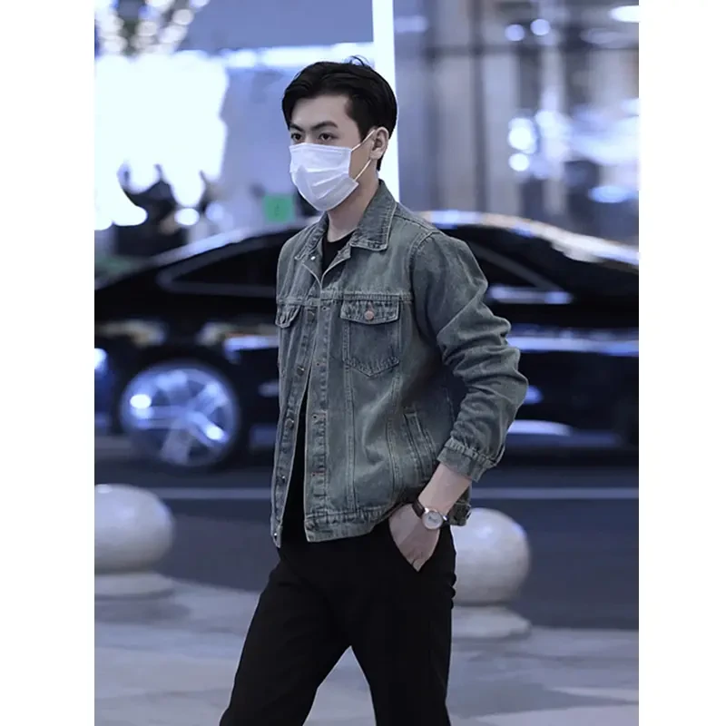 复古蓝色牛仔外套男春秋高级感轻熟风韩版潮流时尚牛仔衣短款夹克