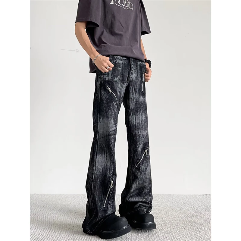 牛仔裤男秋季美式高街潮牌痞帅炸街水洗扎染拉链宽松直筒微喇裤子