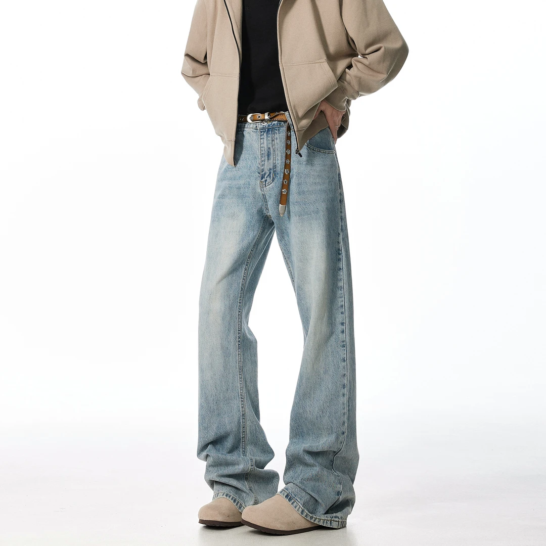 巴黎bootcut弯刀冰蓝微喇牛仔裤男新款美式潮牌宽松直筒休闲裤子