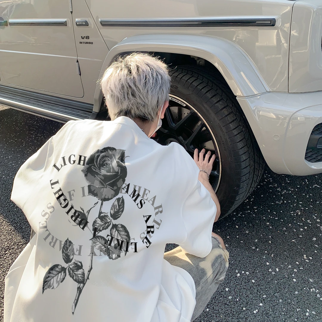 玫瑰花潮流重磅短袖T恤男款夏季美式高街潮牌痞帅宽松大码五分袖