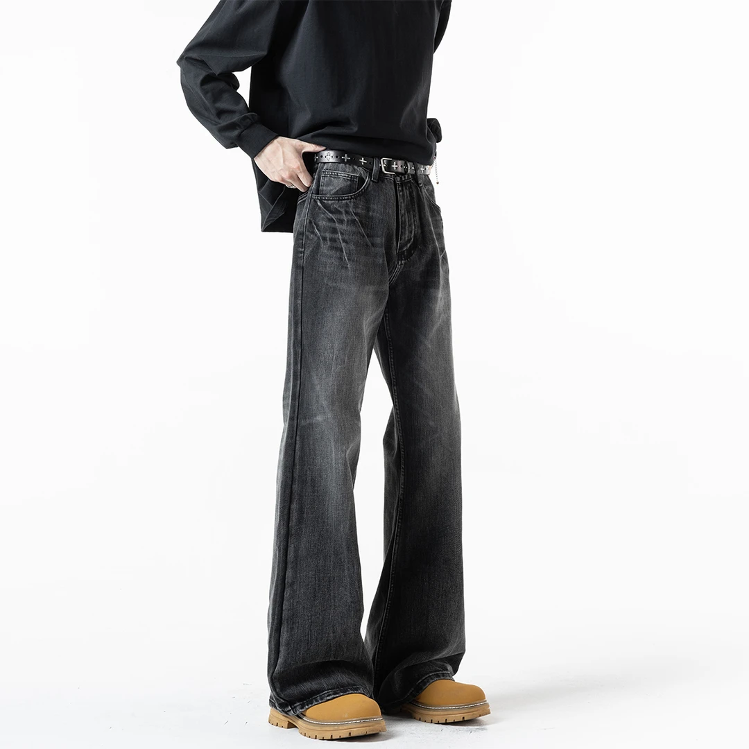 美式cleanfit扎花闪电裂纹牛仔裤男秋季潮牌设计感直筒微喇长裤子