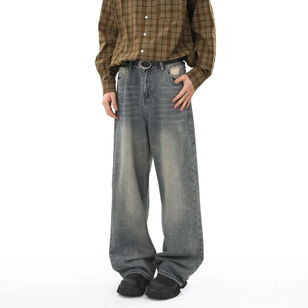 美式复古水洗做旧牛仔裤男秋冬款加绒加厚潮牌宽松直筒阔腿长裤子