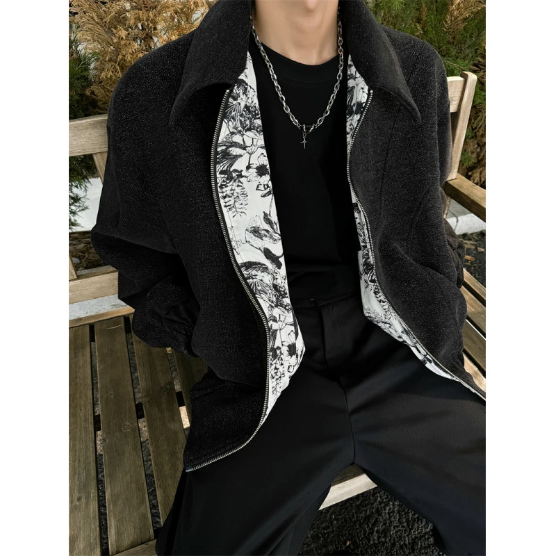 cleanfit重磅水墨花毛呢外套男士秋冬款潮牌痞帅翻领短款行政夹克