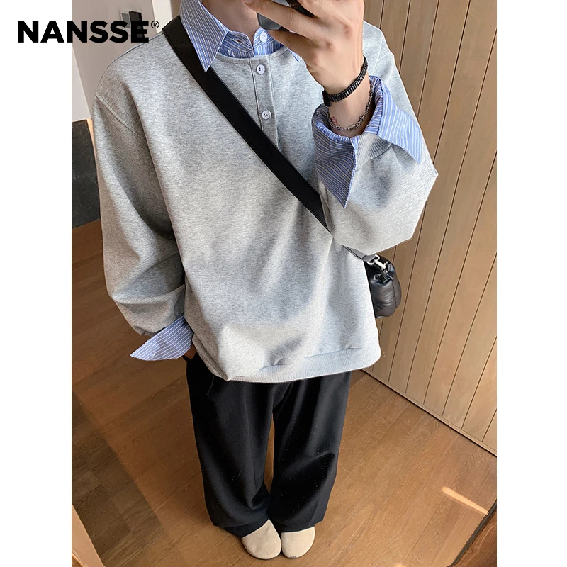 韩系假两件衬衫男士秋季2024新款复古时尚青少年长袖翻领衬衣外套