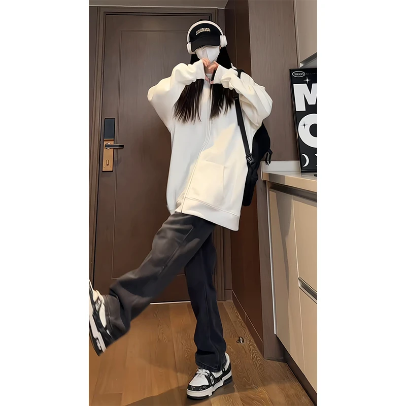 简约灰色开衫卫衣男女春秋季慵懒风百搭连帽衫oversize情侣款外套