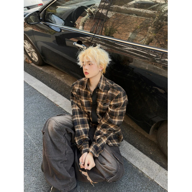 美式高街cleanfit衬衫男士棕色格子长袖衬衣春秋宽松vibe潮牌外套