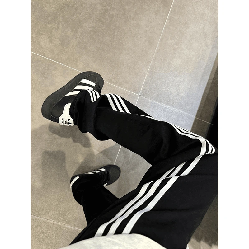 美式条纹裤子男夏季薄款潮牌高街黑色宽松休闲裤三条杠直筒阔腿裤