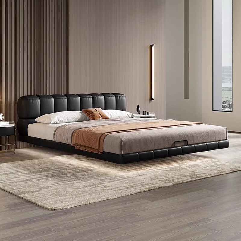 意式极简大象耳朵真皮床黑色主卧室高端大气双人床简约复古悬浮床