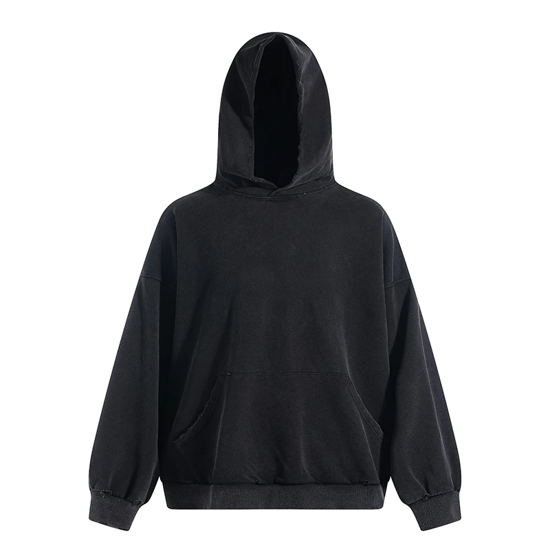 Kanye洗水做旧磨破450克纯色连帽卫衣重磅阔版上衣男士卫衣
