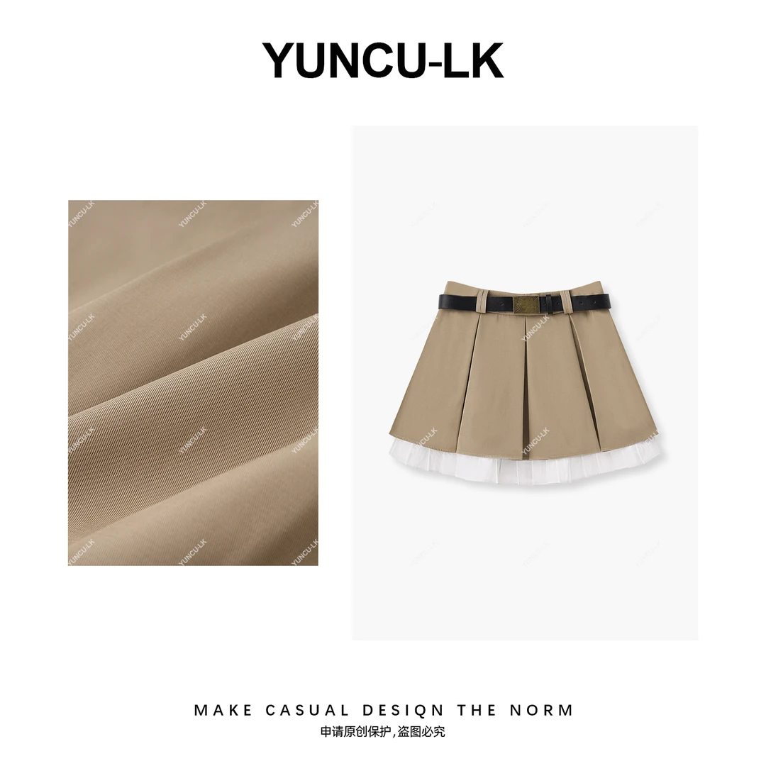 【允初】美式学院风减龄真两件拼接高腰百搭半身裙 YCXB-8168